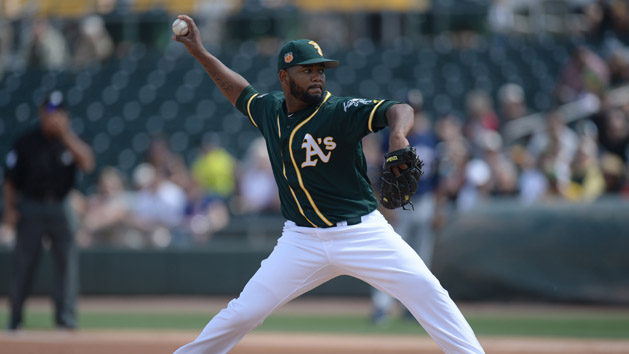 Mar 23, 2017; Mesa, AZ, USA; Oakland Athletics starting pitcher Raul Alcantara (50) pitches against the Milwaukee Brewers during the first inning at HoHoKam Stadium. Photo Credit: Joe Camporeale-USA TODAY Sports