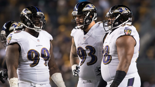 Dec 25, 2016; Pittsburgh, PA, USA; Baltimore Ravens defensive linemen Timmy Jernigan (99), Lawrence Guy (93) and Brandon Williams (98) confer with each other during a pause in the second quarter action of a game against the Pittsburgh Steelers at Heinz Field. Pittsburgh won the contest 31-27. Photo Credit: Mark Konezny-USA TODAY Sports