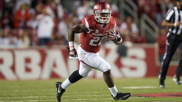 Oct 8, 2016; Fayetteville, AR, USA; Arkansas Razorbacks running back Rawleigh Williams III (22) runs after a catch during the fourth quarter of the game against Alabama Crimson Tide at Donald W. Reynolds Razorback Stadium. Alabama won 49-30. Photo Credit: Brett Rojo-USA TODAY Sports