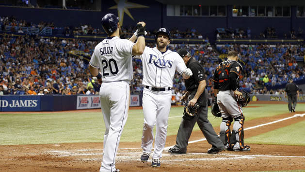 Jun 23, 2017; St. Petersburg, FL, USA; Tampa Bay Rays left fielder Shane Peterson (2) is congratulated by right fielder Steven Souza Jr. (20) as he hit a home run during the second inning against the Baltimore Orioles at Tropicana Field. Photo Credit: Kim Klement-USA TODAY Sports