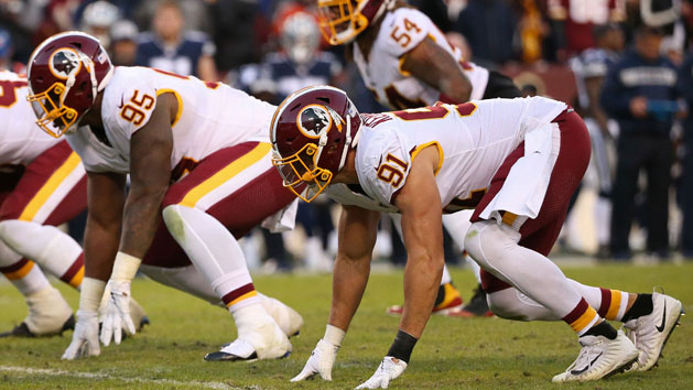 Oct 21, 2018; Landover, MD, USA; Washington Redskins linebacker Ryan Kerrigan (91) and Redskins defensive tackle Da'Ron Payne (95) line up against the Dallas Cowboys at FedEx Field. Photo Credit: Geoff Burke-USA TODAY Sports