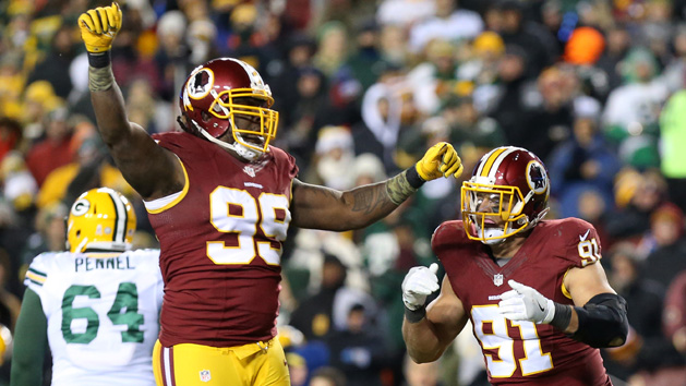 Nov 20, 2016; Landover, MD, USA; Washington Redskins linebacker Ryan Kerrigan (91) celebrates with Redskins defensive end Ricky Jean Francois (99) after a missed field goal by Green Bay Packers place kicker Mason Crosby (not pictured) in the third quarter at FedEx Field. The Redskins won 42-24. Photo Credit: Geoff Burke-USA TODAY Sports