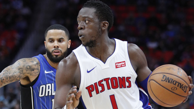 Dec 17, 2017; Detroit, MI, USA; Detroit Pistons guard Reggie Jackson (1) dribbles by Orlando Magic guard D.J. Augustin (14) during the fourth quarter at Little Caesars Arena. Photo Credit: Raj Mehta-USA TODAY Sports