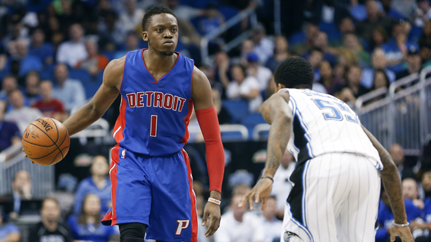 Apr 6, 2016; Orlando, FL, USA; Orlando Magic guard Brandon Jennings (55) guards against Detroit Pistons guard Reggie Jackson (1) during the second half of a basketball game at Amway Center. The Pistons won 108-104. Mandatory Credit: Reinhold Matay-USA TODAY Sports