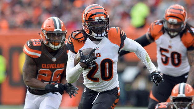 Dec 6, 2015; Cleveland, OH, USA; Cincinnati Bengals free safety Reggie Nelson (20) returns an interception as Cleveland Browns running back Duke Johnson (29) chases during the second quarter at FirstEnergy Stadium. Mandatory Credit: Ken Blaze-USA TODAY Sports