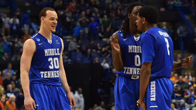 Mar 18, 2016; St. Louis, MO, USA; Middle Tennessee Blue Raiders forward Reggie Upshaw (30) smiles during the second half in the first round against the Michigan State Spartans in the 2016 NCAA Tournament at Scottrade Center. Middle Tennessee State won 90-81. Mandatory Credit: Jasen Vinlove-USA TODAY Sports