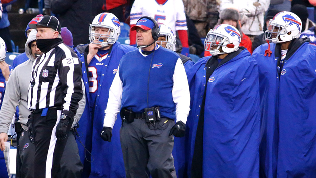 Dec 24, 2016; Orchard Park, NY, USA; Buffalo Bills head coach Rex Ryan (wearing vest) on the sideline during the second half against the Miami Dolphins at New Era Field. The Dolphins beat the Bills 34-31 in overtime. Photo Credit: Kevin Hoffman-USA TODAY Sports