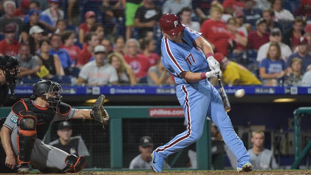 Aug 2, 2018; Philadelphia, PA, USA; Philadelphia Phillies left fielder Rhys Hoskins (17) hits a home run during the sixth inning of the game against the Miami Marlins at Citizens Bank Park. The Phillies won the game 5-2. Photo Credit: John Geliebter-USA TODAY Sports