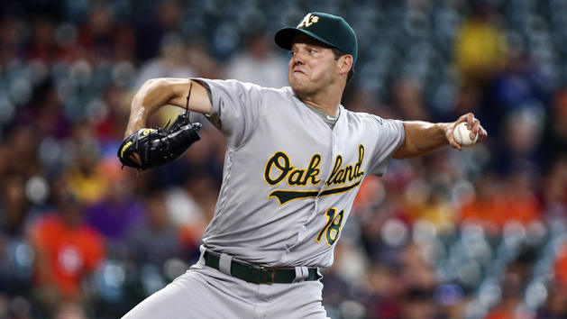 Jul 7, 2016; Houston, TX, USA; Oakland Athletics starting pitcher Rich Hill (18) delivers a pitch during the first inning against the Houston Astros at Minute Maid Park. Photo Credit: Troy Taormina-USA TODAY Sports