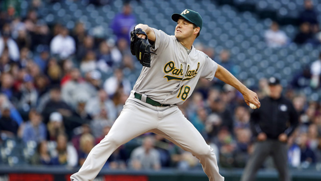May 23, 2016; Seattle, WA, USA; Oakland Athletics starting pitcher Rich Hill (18) throws against the Seattle Mariners during the second inning at Safeco Field. Mandatory Credit: Joe Nicholson-USA TODAY Sports