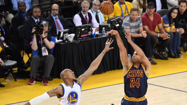 Jun 1, 2017; Oakland, CA, USA; Cleveland Cavaliers forward Richard Jefferson (24) shoots the basketball against Golden State Warriors forward David West (3) during the second quarter in game one of the 2017 NBA Finals at Oracle Arena. Photo Credit: Kyle Terada-USA TODAY Sports