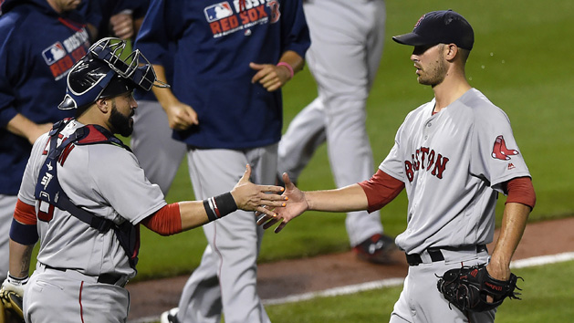 Sep 19, 2016; Baltimore, MD, USA; Boston Red Sox starting pitcher Rick Porcello (22) celebrates with catcher Sandy Leon (3) after defeating Baltimore Orioles -5-2 at Oriole Park at Camden Yards. Photo Credit: Tommy Gilligan-USA TODAY Sports