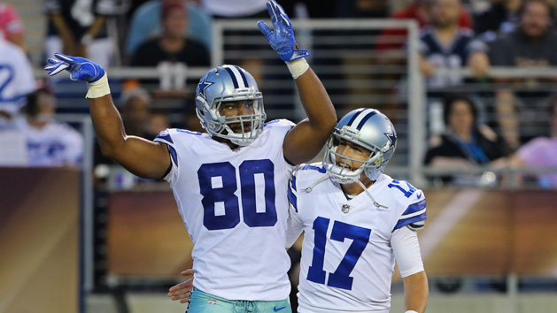 Aug 3, 2017; Canton, OH, USA; Dallas Cowboys tight end Rico Gathers (80) celebrates with quarterback Kellen Moore (17) after scoring a touchdown against the Arizona Cardinals in the first half at the Tom Benson Hall of Fame Stadium. Photo Credit: Aaron Doster-USA TODAY Sports