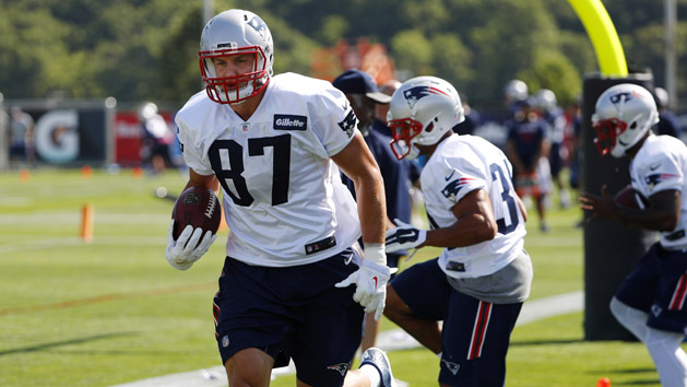 Jul 28, 2016; Foxboro, MA, USA; New England Patriots tight end Rob Gronkowski (87) runs drills during training camp at Gillette Stadium. Photo Credit: Winslow Townson-USA TODAY Sports
