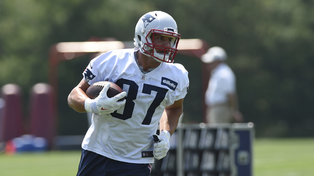 Jun 13, 2017; Foxborough, MA, USA; New England Patriots tight end Rob Gronkowski (87) runs with the ball during minicamp at Gillette Stadium practice field. Photo Credit: Bob DeChiara-USA TODAY Sports
