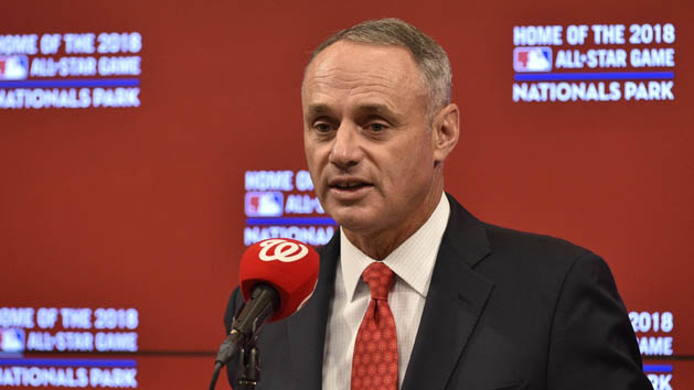 Apr 6, 2015; Washington, DC, USA; MLB Commissioner Rob Manfred announces that Washington will host the 2018 MLB All-Star Game during a press conference at Nationals Park. Mandatory Credit: H.Darr Beiser-USA TODAY Sports