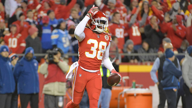 Dec 16, 2017; Kansas City, MO, USA; Kansas City Chiefs free safety Ron Parker (38) celebrates after intercepting a pass during the second half against the Los Angeles Chargers at Arrowhead Stadium. Photo Credit: Denny Medley-USA TODAY Sports