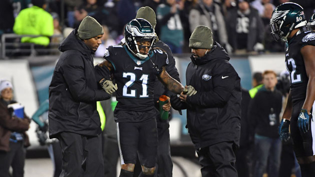 Nov 11, 2018; Philadelphia, PA, USA; Philadelphia Eagles cornerback Ronald Darby (21) is helped off the field during the fourth quarter against the Dallas Cowboys at Lincoln Financial Field. Photo Credit: Eric Hartline-USA TODAY Sports