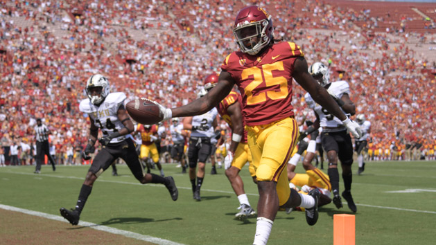 Sep 2, 2017; Los Angeles, CA, USA; Southern California Trojans running back Ronald Jones II (25) scores on a 16-yard touchdown run in the first quarter against the Western Michigan Broncos during a NCAA football game at Los Angeles Memorial Coliseum. Photo Credit: Kirby Lee-USA TODAY Sports