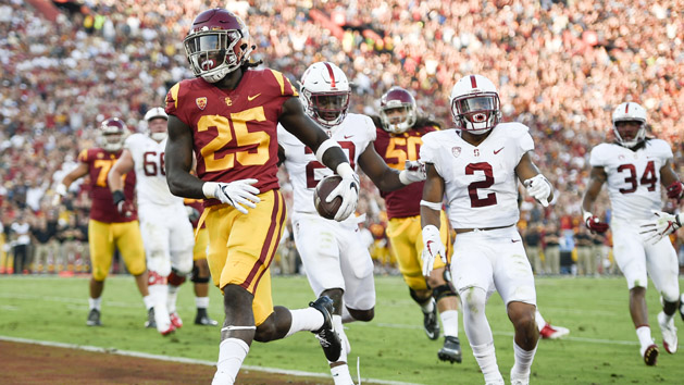 Sep 9, 2017; Los Angeles, CA, USA; Southern California Trojans running back Ronald Jones II (25) celebrates after running in a touchdown against the Stanford Cardinal during the first quarter at Los Angeles Memorial Coliseum. Photo Credit: Kelvin Kuo-USA TODAY Sports