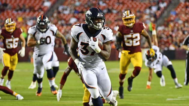 Aug 24, 2018; Landover, MD, USA; Denver Broncos running back Royce Freeman (37) runs for a touchdown against the Washington Redskins during the first half at FedEx Field. Photo Credit: Brad Mills-USA TODAY Sports