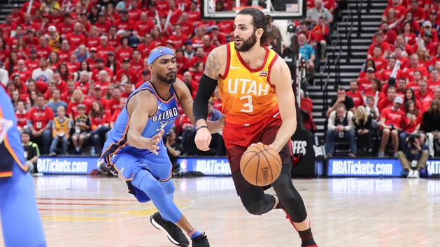 Apr 21, 2018; Salt Lake City, UT, USA; Utah Jazz guard Ricky Rubio (3) dribbles past Oklahoma City Thunder forward Corey Brewer (3) during the fourth quarter in game three of the first round of the 2018 NBA Playoffs at Vivint Smart Home Arena. Utah Jazz won 115-102. Photo Credit: Chris Nicoll-USA TODAY Sports