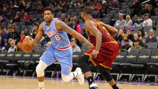 Jan 13, 2017; Sacramento, CA, USA; Sacramento Kings forward Rudy Gay (8) dribbles the ball against Cleveland Cavaliers center Tristan Thompson (13) during the second half at Golden 1 Center. The Cavaliers defeated the Kings 120-108. Photo Credit: Sergio Estrada-USA TODAY Sports