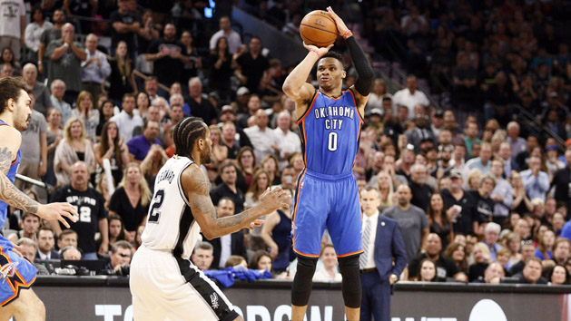 May 10, 2016; San Antonio, TX, USA; Oklahoma City Thunder point guard Russell Westbrook (0) shoots the ball over San Antonio Spurs small forward Kawhi Leonard (2) in game five of the second round of the NBA Playoffs at AT&T Center. Mandatory Credit: Soobum Im-USA TODAY Sports