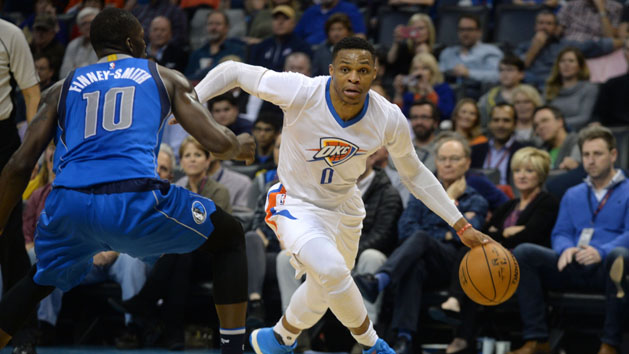 Jan 26, 2017; Oklahoma City, OK, USA; Oklahoma City Thunder guard Russell Westbrook (0) drives to the basket against Dallas Mavericks forward Dorian Finney-Smith (10) during the fourth quarter at Chesapeake Energy Arena. Photo Credit: Mark D. Smith-USA TODAY Sports