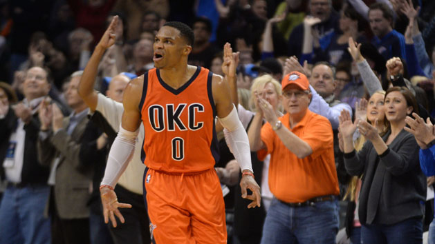 Dec 11, 2016; Oklahoma City, OK, USA; Oklahoma City Thunder guard Russell Westbrook (0) reacts after a play against the Boston Celtics during the fourth quarter at Chesapeake Energy Arena. Photo Credit: Mark D. Smith-USA TODAY Sports