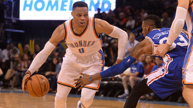 Mar 22, 2017; Oklahoma City, OK, USA; Oklahoma City Thunder guard Russell Westbrook (0) drives to the basket in front of Philadelphia 76ers forward Robert Covington (33) during the third quarter at Chesapeake Energy Arena. Photo Credit: Mark D. Smith-USA TODAY Sports