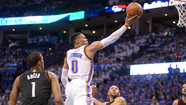Apr 21, 2017; Oklahoma City, OK, USA; Oklahoma City Thunder guard Russell Westbrook (0) drives to the basket between Houston Rockets forward Trevor Ariza (1) and Houston Rockets guard Eric Gordon (10) during the fourth quarter in game three of the first round of the 2017 NBA Playoffs at Chesapeake Energy Arena. Photo Credit: Mark D. Smith-USA TODAY Sports