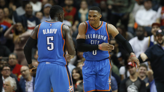 Dec 5, 2016; Atlanta, GA, USA; Oklahoma City Thunder guard Russell Westbrook (0) celebrates a play with guard Victor Oladipo (5) in the fourth quarter of their game against the Atlanta Hawks at Philips Arena. The Thunder won 102-99. Photo Credit: Jason Getz-USA TODAY Sports