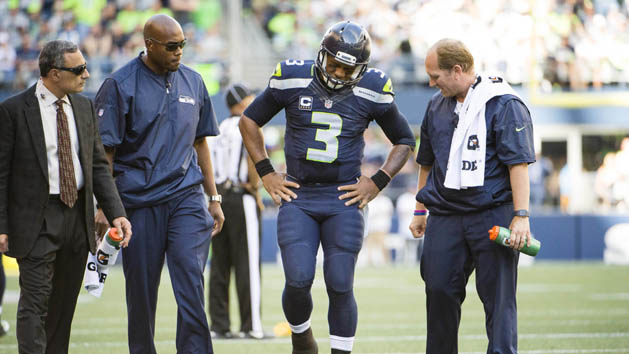 Sep 25, 2016; Seattle, WA, USA; Seattle Seahawks quarterback Russell Wilson (3) reacts after being injured in the third quarter in a game against the San Francisco 49ers at CenturyLink Field. The Seahawks won 37-18. Photo Credit: Troy Wayrynen-USA TODAY Sports
