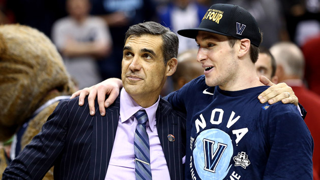 Mar 26, 2016; Louisville, KY, USA; Villanova Wildcats head coach Jay Wright and guard Ryan Arcidiacono (15) celebrate after beating the Kansas Jayhawks in the south regional final of the NCAA Tournament at KFC YUM!. Mandatory Credit: Aaron Doster-USA TODAY Sports