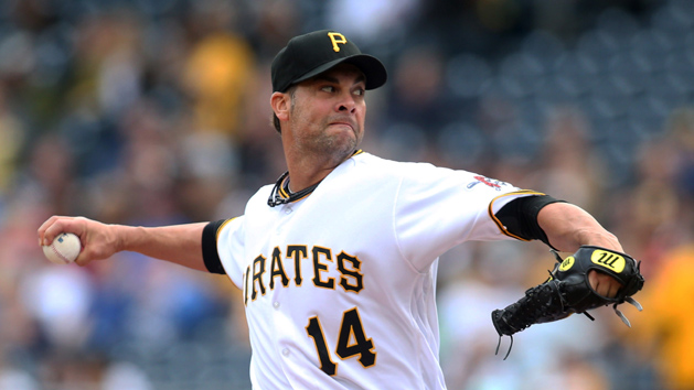 May 4, 2016; Pittsburgh, PA, USA; Pittsburgh Pirates relief pitcher Ryan Vogelsong (14) pitches against the Chicago Cubs during the sixth inning at PNC Park. Mandatory Credit: Charles LeClaire-USA TODAY Sports