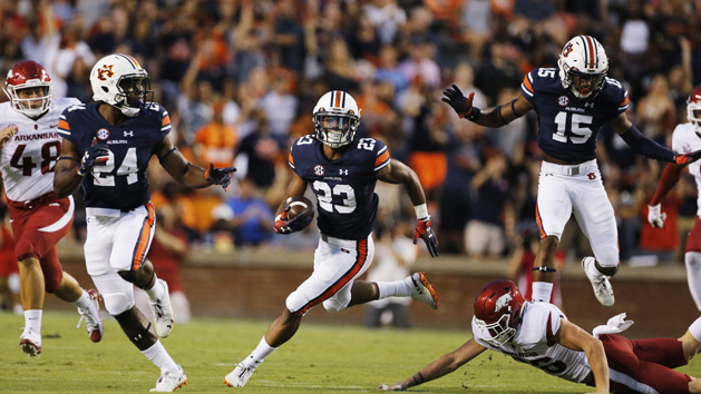 Sep 22, 2018; Auburn, AL, USA; Auburn Tigers receiver Ryan Davis (23) returns a punt against the Arkansas Razorbacks during the first quarter at Jordan-Hare Stadium. Photo Credit: John Reed-USA TODAY Sports