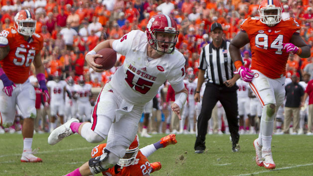 Oct 15, 2016; Clemson, SC, USA; North Carolina State Wolfpack quarterback Ryan Finley (15) carries the ball during the second half against the Clemson Tigers at Clemson Memorial Stadium. Photo Credit: Joshua S. Kelly-USA TODAY Sports