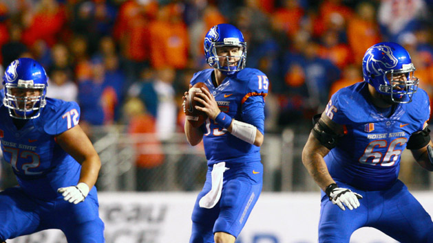 Sep 4, 2015; Boise, ID, USA; Boise State Broncos quarterback Ryan Finley (15) looks for a receiver down field during the first half verses the Washington Huskies at Albertsons Stadium. Brian Losness-USA TODAY Sports