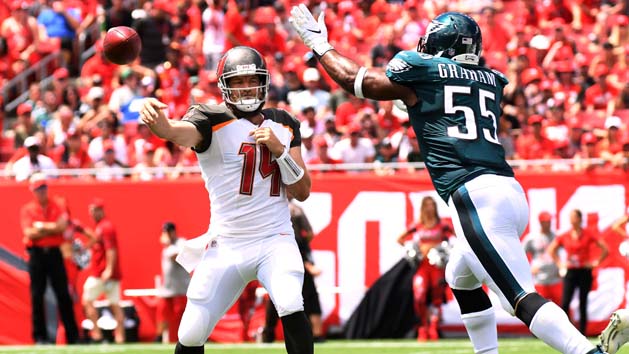 Sep 16, 2018; Tampa, FL, USA; Tampa Bay Buccaneers quarterback Ryan Fitzpatrick (14) throws a pass in the first quarter as Philadelphia Eagles defensive lineman Brandon Graham (55) looks to block the pass at Raymond James Stadium. Photo Credit: Jonathan Dyer-USA TODAY Sports