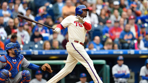 Oct 1, 2016; Philadelphia, PA, USA; Philadelphia Phillies first baseman Ryan Howard (6) hits a two-run home run during the fifth inning against the New York Mets at Citizens Bank Park. Photo Credit: Derik Hamilton-USA TODAY Sports