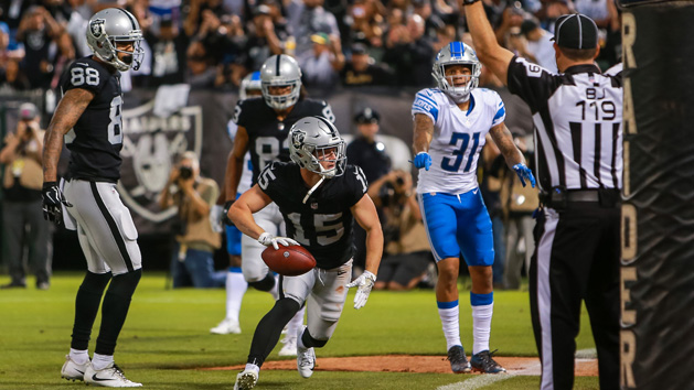 Aug 10, 2018; Oakland, CA, USA; Oakland Raiders wide receiver Ryan Switzer (15) celebrates after scoring a touchdown during the second quarter against the Detroit Lions at Oakland Coliseum. Photo Credit: Sergio Estrada-USA TODAY Sports