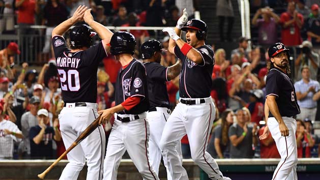 Jun 13, 2017; Washington, DC, USA; Washington Nationals first baseman Ryan Zimmerman (11) celebrates with Nationals second baseman Daniel Murphy (20) after hitting a two-run home run in the sixth inning against the Atlanta Braves at Nationals Park. Photo Credit: Patrick McDermott-USA TODAY Sports