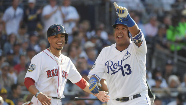 Jul 12, 2016; San Diego, CA, USA; American League catcher Salvador Perez (13) of the Kansas City Royals celebrates with American League outfielder Mookie Betts (50) of the Boston Red Sox after hitting a two-run home run in the second inning in the 2016 MLB All Star Game at Petco Park. Mandatory Credit: Kirby Lee-USA TODAY Sports