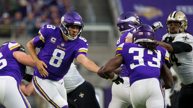 Sep 11, 2017; Minneapolis, MN, USA; Minnesota Vikings quarterback Sam Bradford (8) hands the ball off to running back Dalvin Cook (33) in the second quarter against the New Orleans Saints at U.S. Bank Stadium. Photo Credit: Brad Rempel-USA TODAY Sports