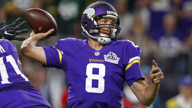 Sep 18, 2016; Minneapolis, MN, USA; Minnesota Vikings quarterback Sam Bradford (8) against the Green Bay Packers in the first quarter at U.S. Bank Stadium. Photo Credit: Bruce Kluckhohn-USA TODAY Sports