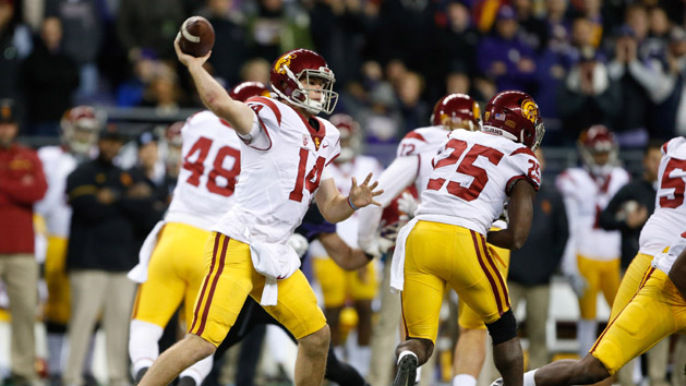 Nov 12, 2016; Seattle, WA, USA; USC Trojans quarterback Sam Darnold (14) passes against the Washington Huskies during the third quarter at Husky Stadium. Photo Credit: Joe Nicholson-USA TODAY Sports