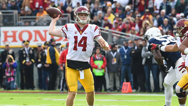 Jan 2, 2017; Pasadena, CA, USA; USC Trojans quarterback Sam Darnold (14) throws a touchdown pass against the Penn State Nittany Lions during the first quarter of the 2017 Rose Bowl game at Rose Bowl. Photo Credit: Jayne Kamin-Oncea-USA TODAY Sports