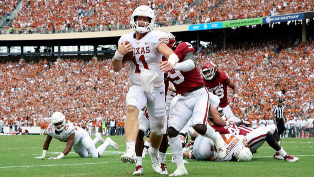 Oct 6, 2018; Dallas, TX, USA; Texas Longhorns quarterback Sam Ehlinger (11) runs for a touchdown during the first half against the Oklahoma Sooners at the Cotton Bowl. Photo Credit: Kevin Jairaj-USA TODAY Sports