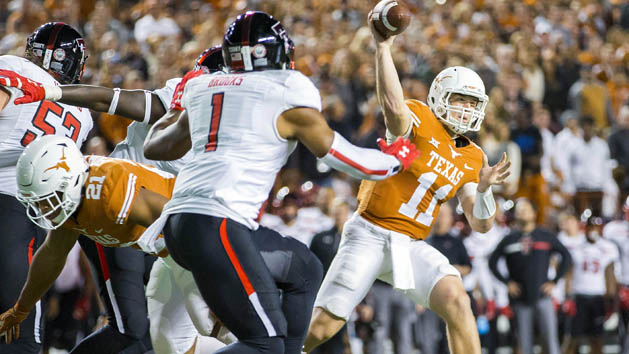 Nov 24, 2017; Austin, TX, USA; Texas Longhorns quarterback Sam Ehlinger (11) throws an incomplete pass during the second quarter against against the Texas Tech Red Raiders at Darrell K Royal-Texas Memorial Stadium. Photo Credit: John Gutierrez-USA TODAY Sports